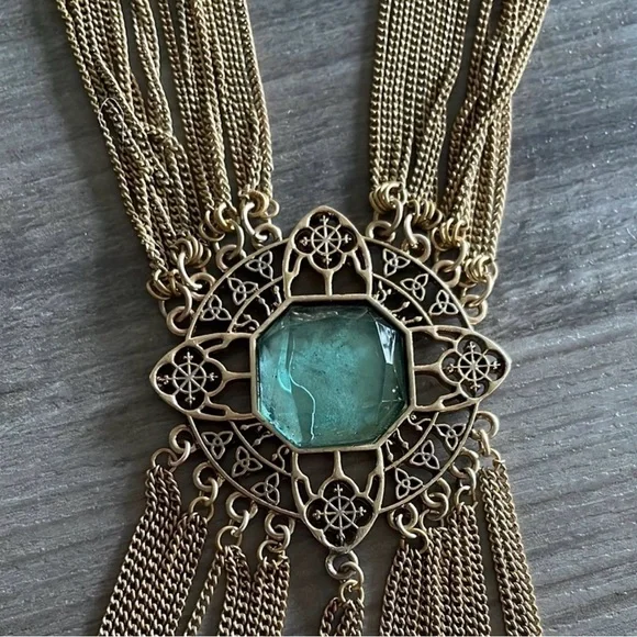 NWT Nicole Miller Gold Multi-Strand Statement Necklace Turquoise Pendant Boho - Picture 4 of 7